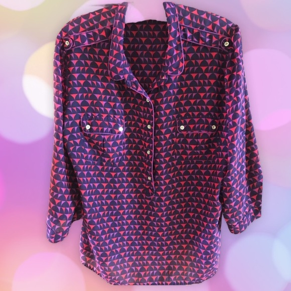 Purple & red BLOUSE w/epaulettes gold accent buttons XL/14/16 - Picture 2 of 8